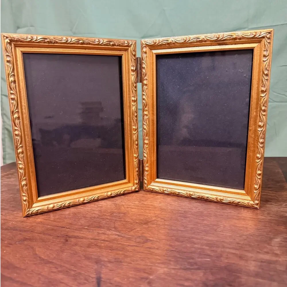 Vintage Gold Tone Hinged Double Picture Frame - 5